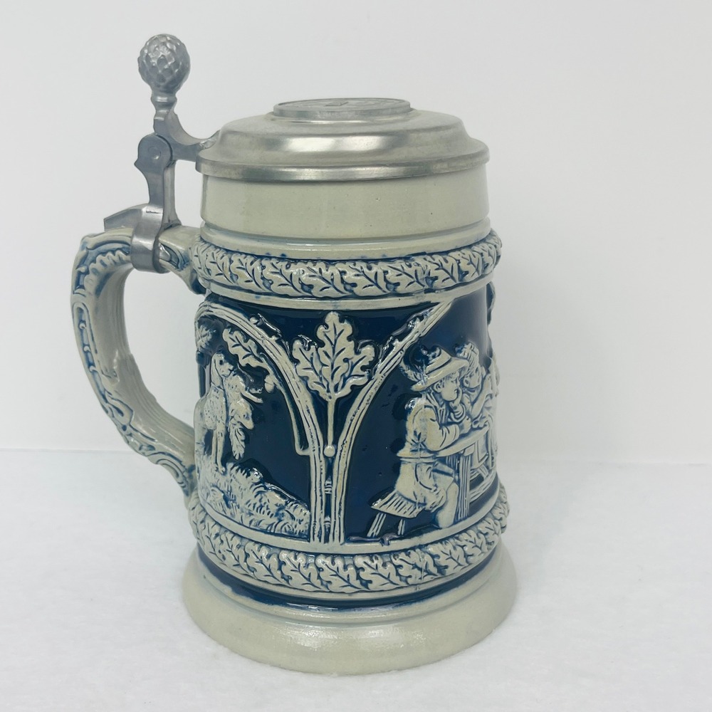 Beer Stein Dad Lidded Stoneware Blue Grey Embossed Hunting Scene Excellent